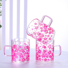 批发创意感温变色玻璃水杯时尚高硼硅带把玻璃杯樱花透明马克杯子
