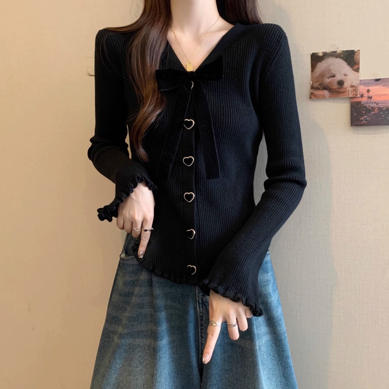 Bow Collar Cardigan Knitwear Knitwear Long-Sleeved Versatile Fashionable Outer Wear Design Heart Button Top for Women