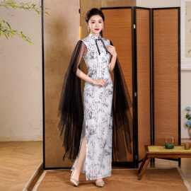 新中式复古风水墨画旗袍女飘袖长裙日常气质显瘦国风连衣裙新款