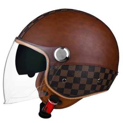 Motosiklet kaskı (dəbilqə) – retro leather helmet motorcycle bluetooth - checkerboard-brown-long-outside-and-tea-inside-m