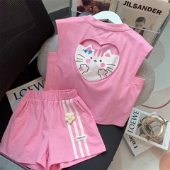 2023 new summer pure cotton girls' suit three-dimensional flower children's backless sleeveless vest shorts two-piece set