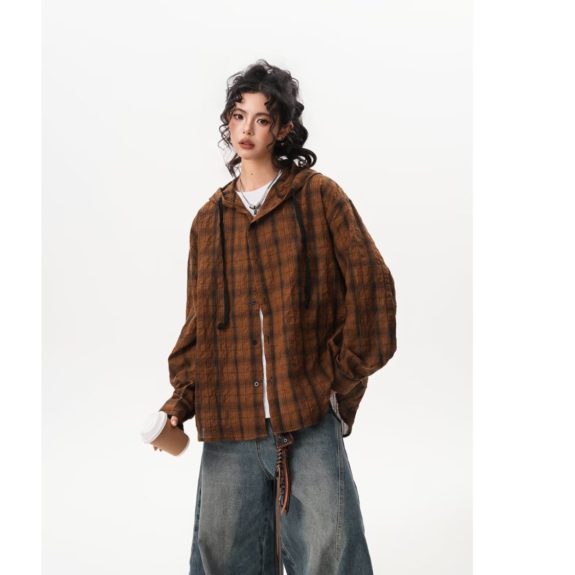 Gray Hooded Plaid Long-Sleeved Shirt for Men, High-End, Handsome, Thin Shirt, Loose, Lazy and Drapedy Casual Jacket