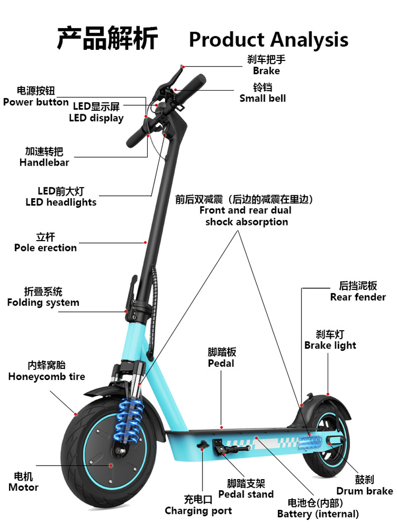 Overseas warehouse delivery of adult folding electric scooters 10inch with front and rear dual shock absorbers, cross-border wholesale from the source manufacturer