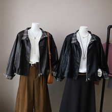 [比正]2025秋冬新韩版格子时髦复古百搭小个子炸街短款皮衣女5290