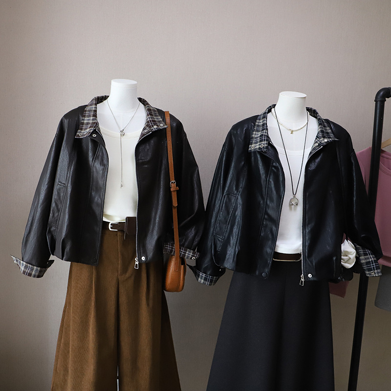 [比正]2025秋冬新韩版格子时髦复古百搭小个子炸街短款皮衣女5290