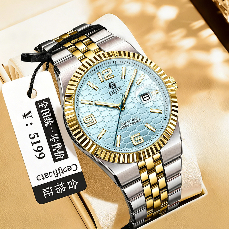 Factory Direct Sales Genuine Fully Automatic Mechanical Watch with Luminous Calendar, Waterproof, Honeycomb Texture Steel Band, Men's Watch