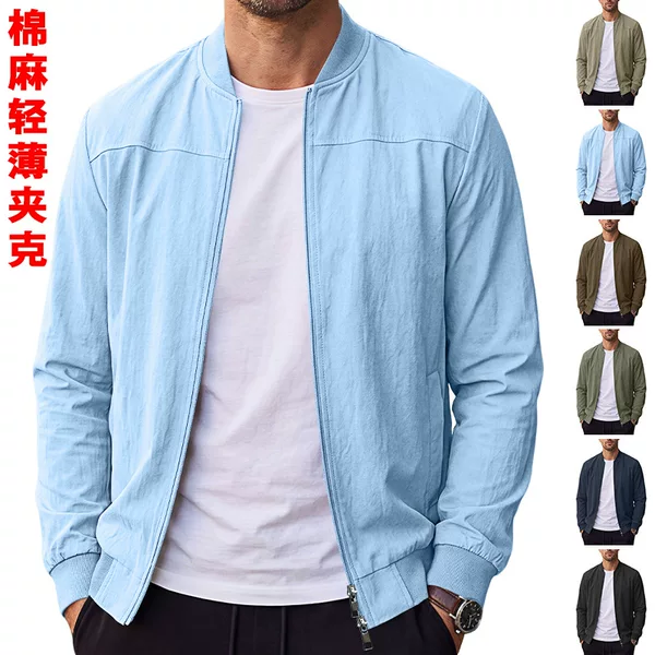 Cross-border independent station American-style men's solid color zippered side pocket baseball jacket TK outdoor cotton imitation linen flight jacket