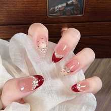 穿戴甲30片整条T141/S290红色昭愿中椭圆闪钻赫本风酒红猫眼美甲
