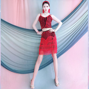 Latin Dance Skirt Women's Summer New Adult Performance Clothing Competition Practice Clothing Sexy Intercolor Tassel Dress Dance Clothing