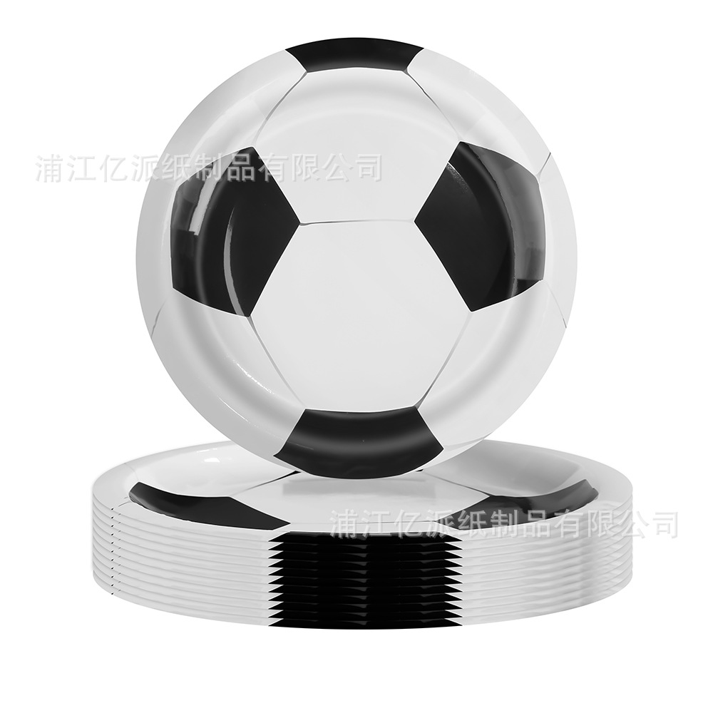 Nuevos suministros para fiestas de fútbol blanco, arreglos para fiestas de cumpleaños para niños, vajillas desechables, bandejas de papel, vasos de papel, manteles de toallas de papel