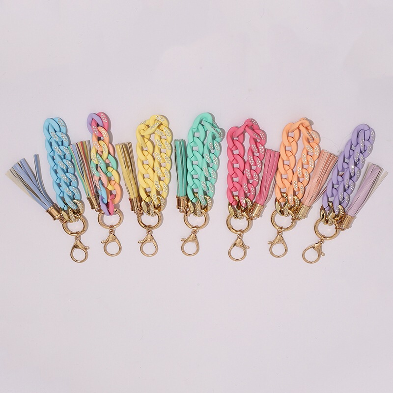 Ins cross-border new diamond acrylic chain bracelet key chain PU tassel bracelet key chain mobile phone pendant