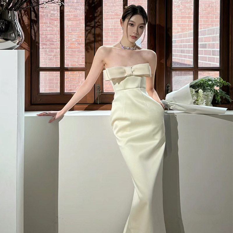 French Style Light Wedding Dress New Satin Sexy Strapless Dress for Travel and Shooting Birthday Party Celebrity Ladies Little Dress