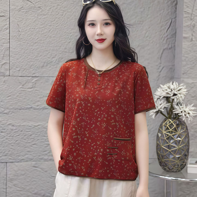 Loose Round-Neck Printed Short-Sleeved Pure Cotton T-Shirt for Moms, New Summer Style Pullover with Contrasting Colors, Slimming Top for Middle-Aged and Elderly Women