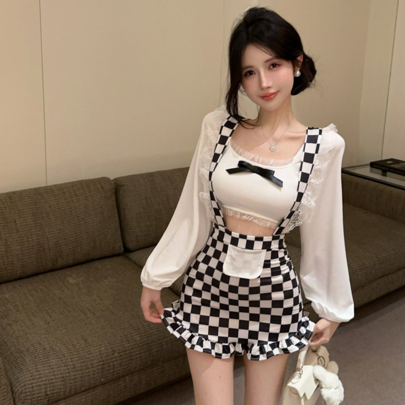 ファッショナブルな純粋な欲望中空メッシュフリルスプライシングショートスカート女性のホットガールチェック柄プリントサスペンダーフェイクツーピースヒップスカート|undefined