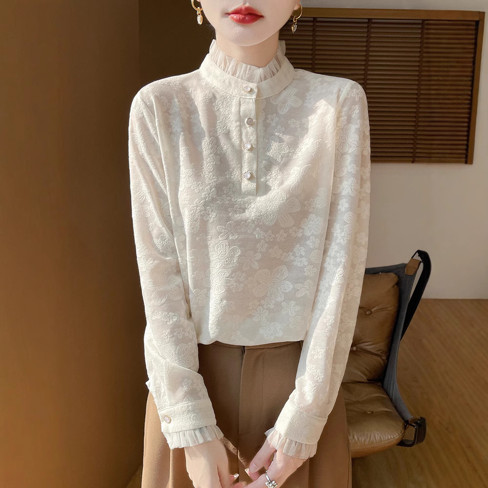 Half turtleneck lace worsted wool bottoming shirt for women