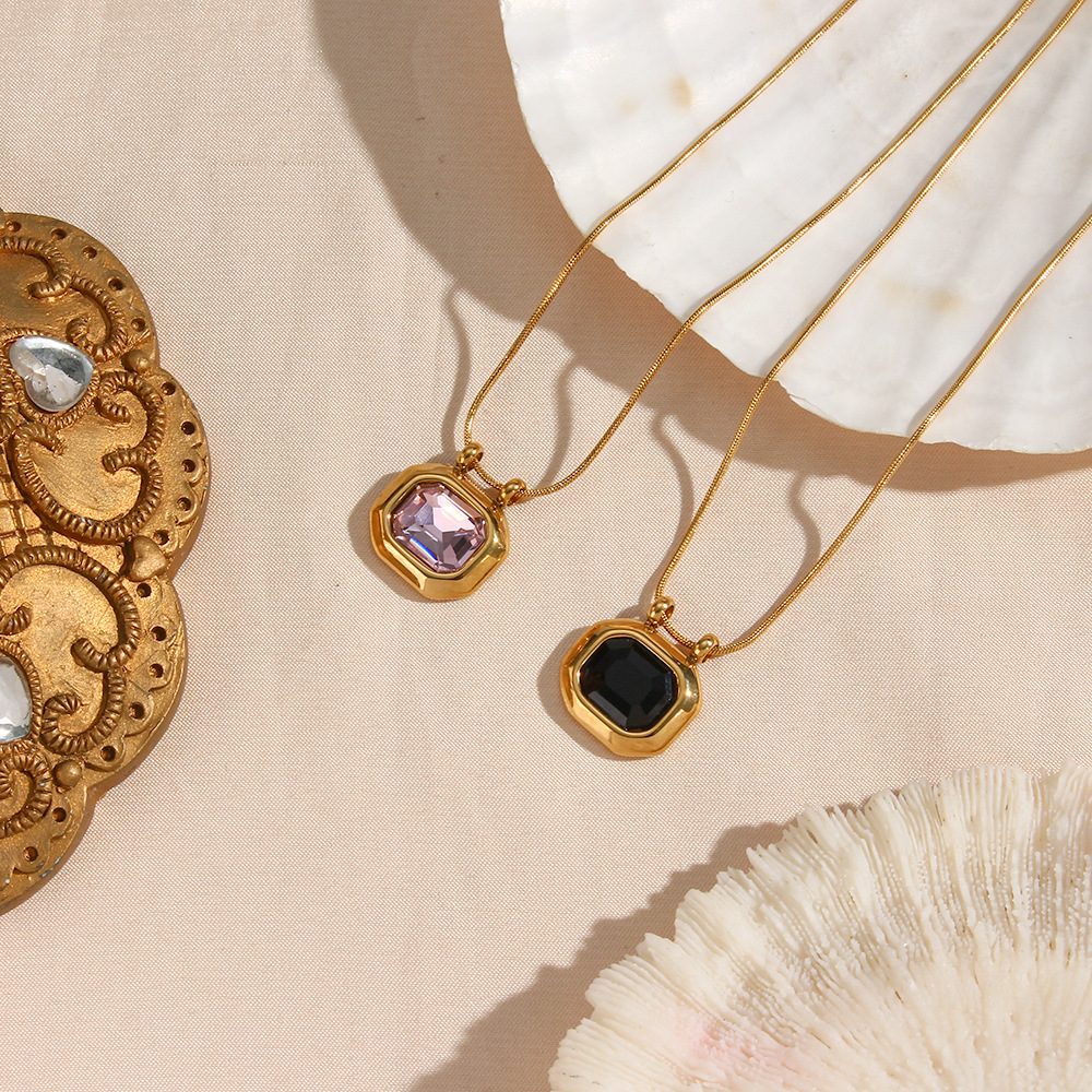 Vintage Style Square Stainless Steel Pendant Necklace Plating Zircon Stainless Steel Necklaces