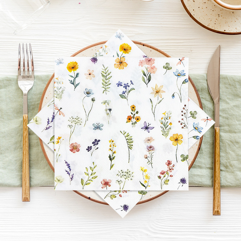 In-Stock Printed Napkins with Multi-Colored Floral Designs, Disposable Paper Napkins for Party Decoration