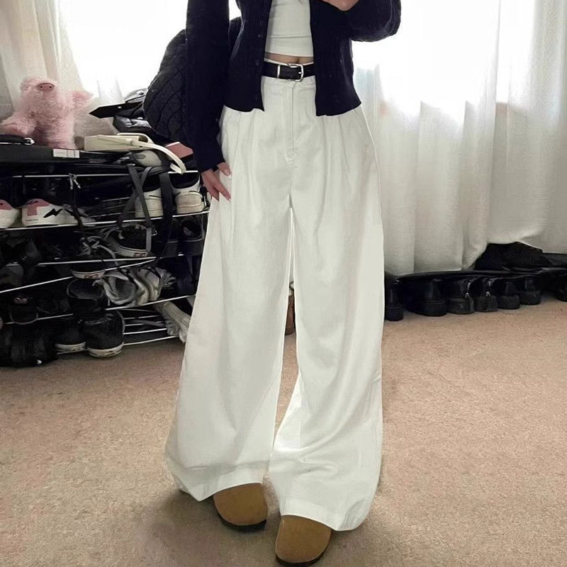 Plus Size Straight White Floor-Length Jeans for Women, Loose Pleated Design, High-Waisted Pear-Shaped Fat mm Wide-Leg Pants