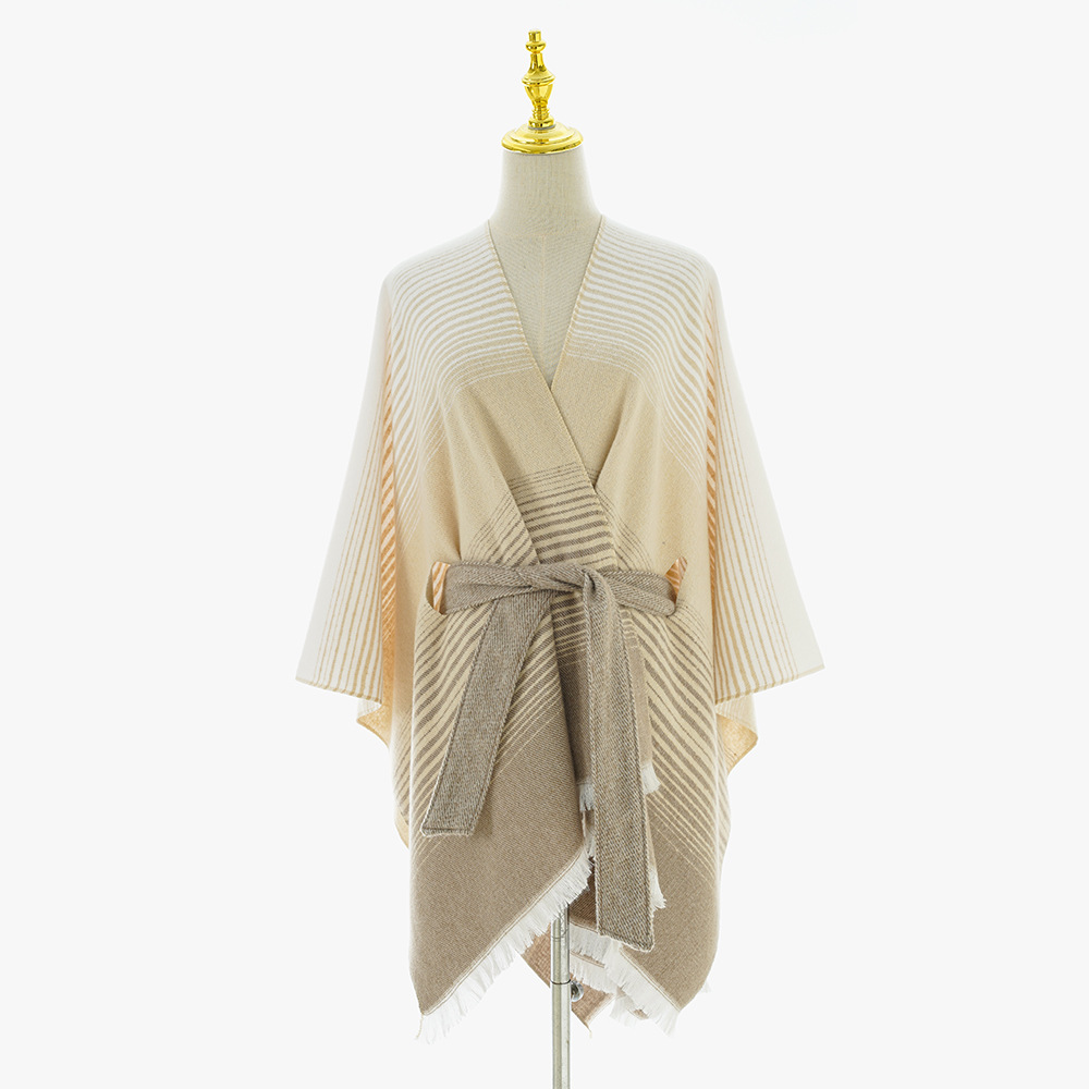 Chal nuevo estilo de nicho simple con chal grueso para mujer, capa de verano de alta calidad, cinturón, chal a rayas de doble cara