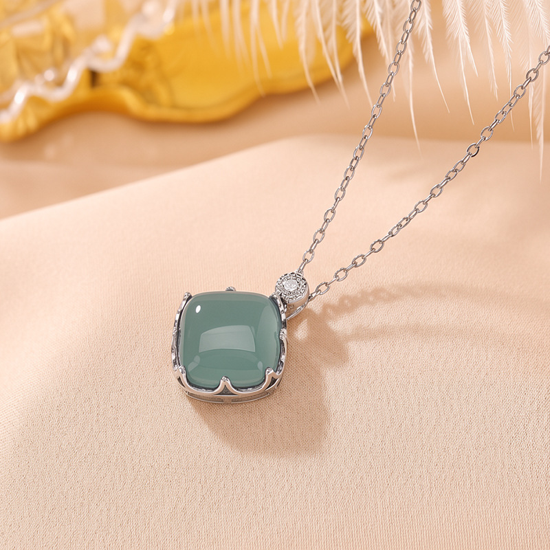 Mặt dây chuyền bạc S925 hình vuông đính đá jadeite xanh lam phong cách nhẹ nhàng — Mặt dây chuyền đơn (không kèm dây)