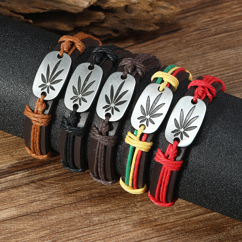 European and American Fashion Pu Ye Pattern Nameplate Couple Leather Woven Bracelet Men's Sports Casual Style Leather Bracelet