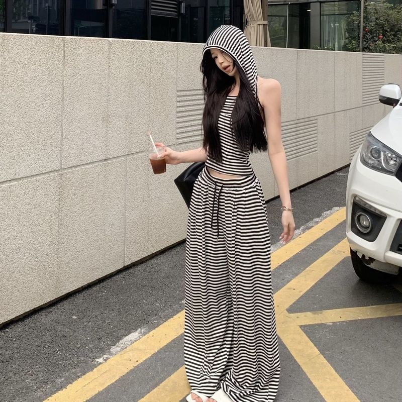 辣妹时尚条纹露背无袖连帽背心抽绳宽松休闲长裤套装女夏季两件套|undefined