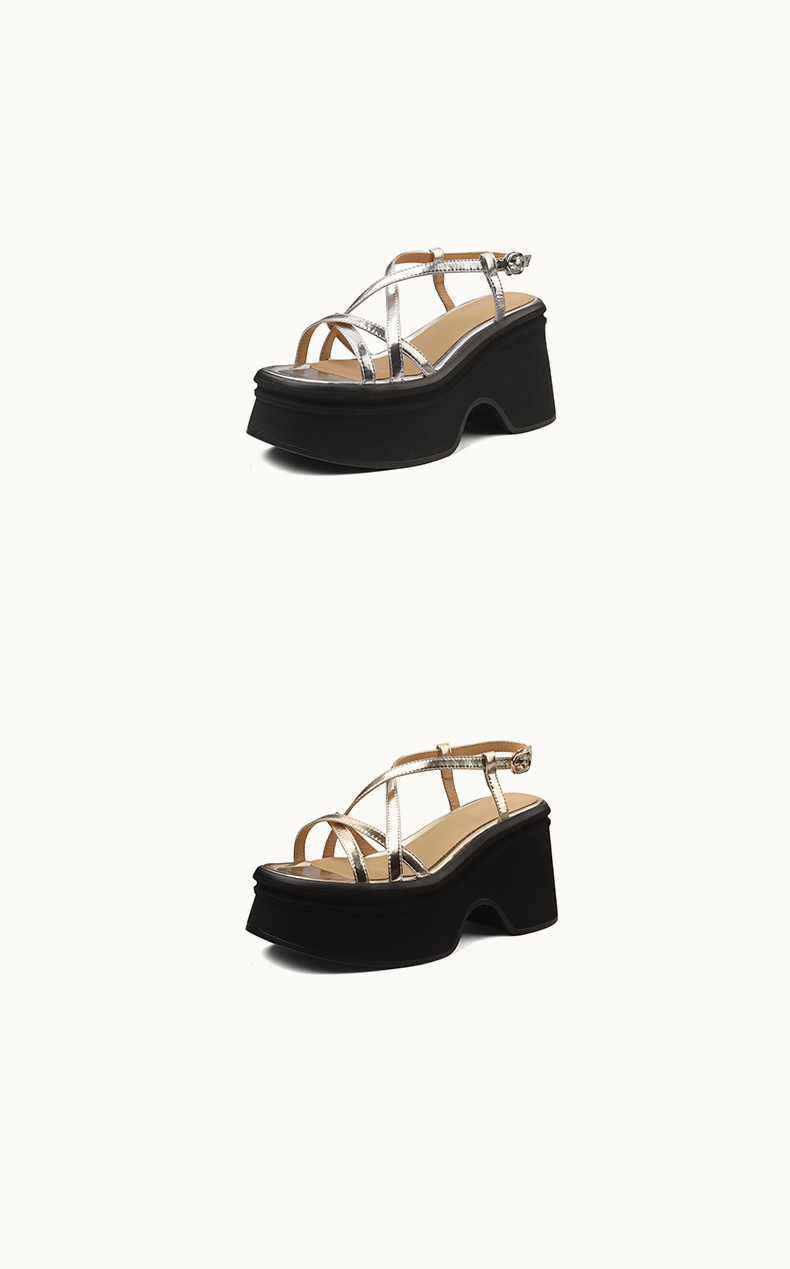 Sandal La Mã dây chéo đế xuồng da thật hở mũi gót cao 9 cm — Màu vàng, Màu bạc chi tiết 9