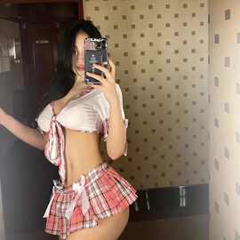 伊梦瑶新款制服可爱清纯女透视制服诱惑情趣内衣粉红格子