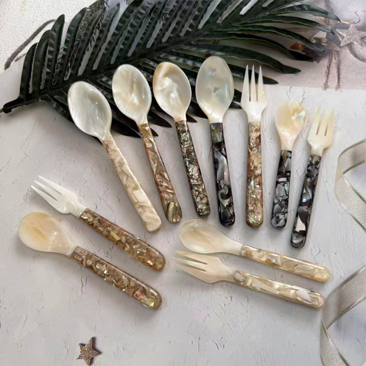 Shell floral spoon Fork knife set inlaid sea shell pearl clam high-end dessert dessert spoon