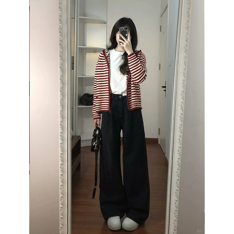 安可拉红百搭条纹连帽毛衣女外套秋冬软糯上衣宽松拉链针织开衫潮|undefined