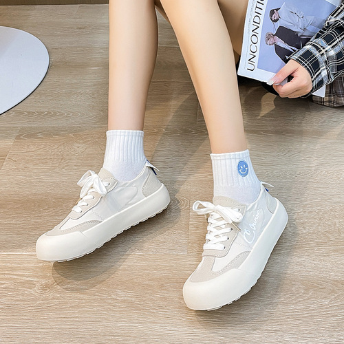 White shoes for women in summer ice silk canvas surface breathable casual large toe lace-up flat-soled sports ugly cute shoes for young students