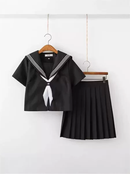 Plus Size Orthodox Jk Uniform Basic Suit Black Three Preppy Style School Sailor Middle Uniform Spring and Summer Long and Short Sleeves