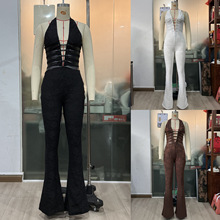 亚马逊新品欧美性感辣妹捆绳系带修身连衣裤透视蕾丝长裤SU3648