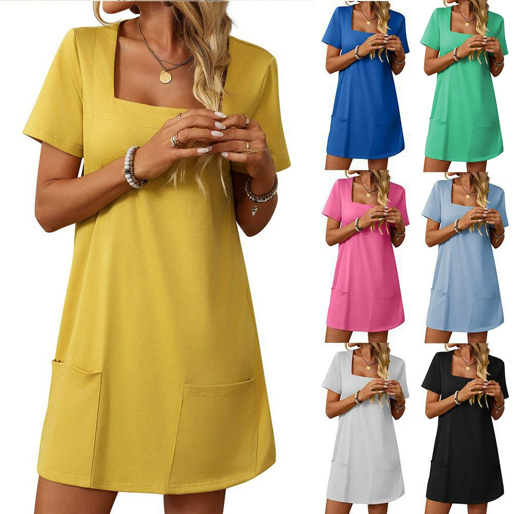 Amazon 2025 Европейская и Американская внешняя торговля трансграничная женская одежда с квадратным вырезом с короткими рукавами модная короткая юбка карманные повседневные платья