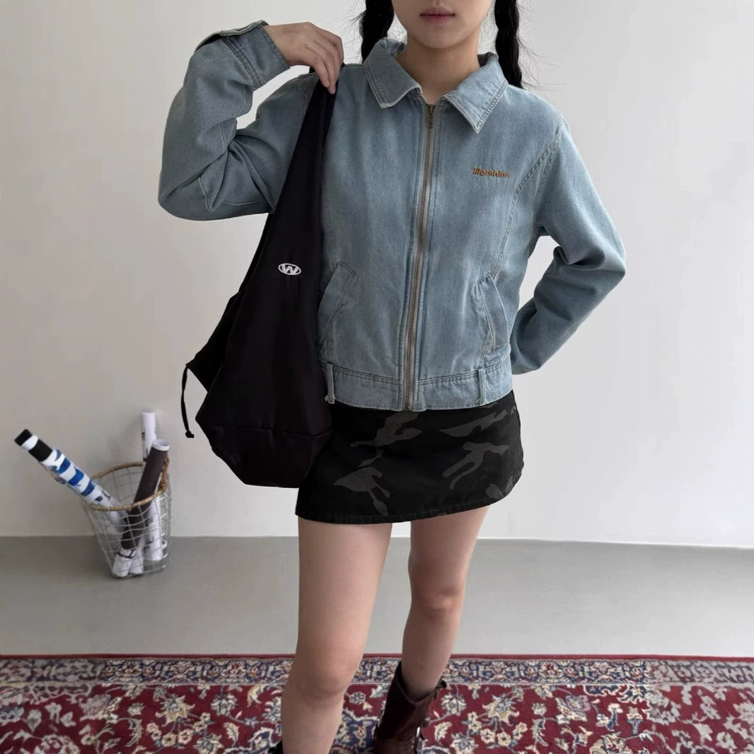 Retro fashionable denim short jacket for men and women with zipper, American style, loose fit