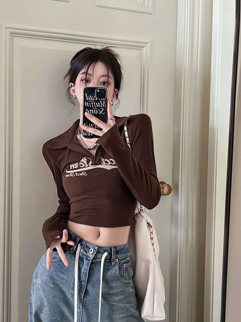 Vintage American Style Hot Girl T-Shirt For Women, Spring And Autumn Long Sleeve Short Jazz Dance Slim Fit Inner Wear_ecoleips.com