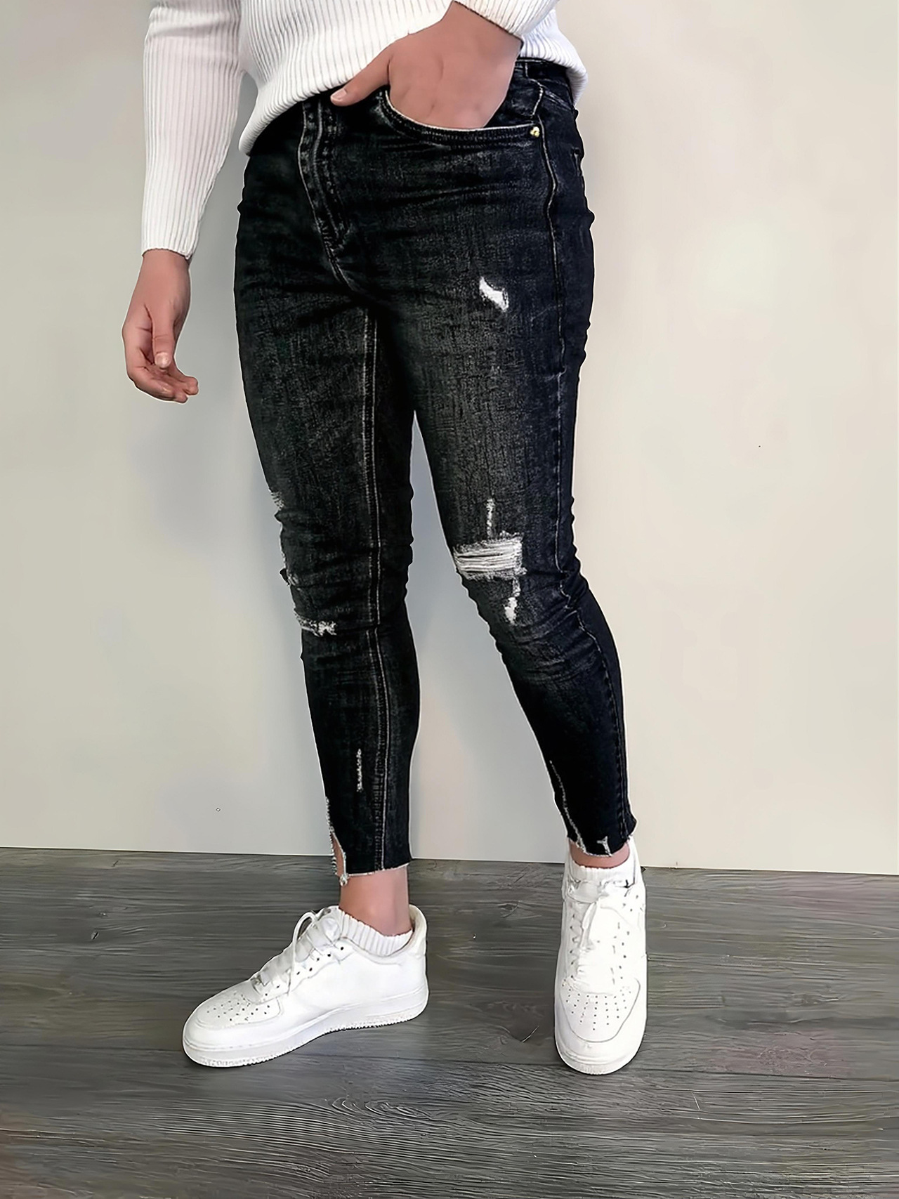 Jeans slim fit uomo strappati elastici pantaloni in denim_voghion.com