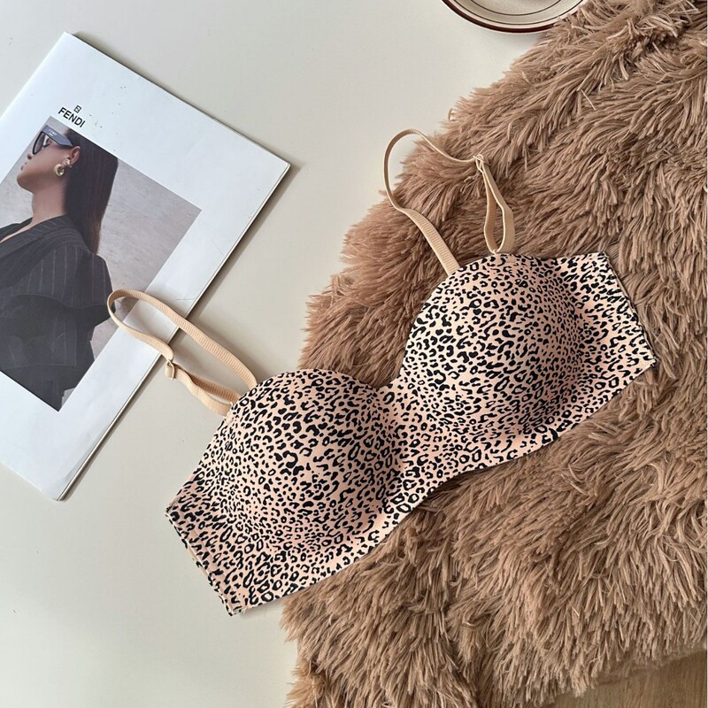 Bra Color Matching Small Chest Front Buckle Avant-Garde Women's Wire-Free Intimates Design Low-Neck Leopard Print Push-Up Half Bra Bra Color Matching Small Chest Front Buckle Avant-Garde Women's Wire-Free Intimates Design Low-Neck Leopard Print Push-Up Half Bra