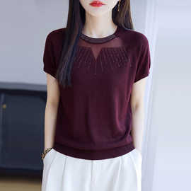【厂家直供】夏季薄款圆领莱赛尔天丝针织短袖女Tt恤镂空百搭上衣