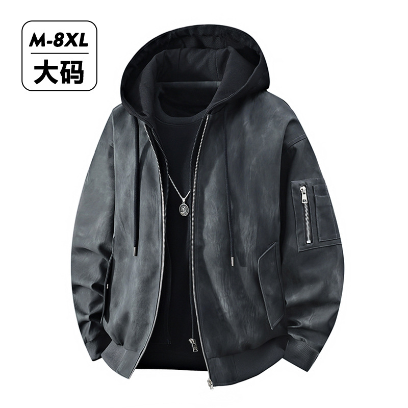 秋季潮流假两件皮衣外套大码男士休闲百搭夹克青少年加肥连帽外套