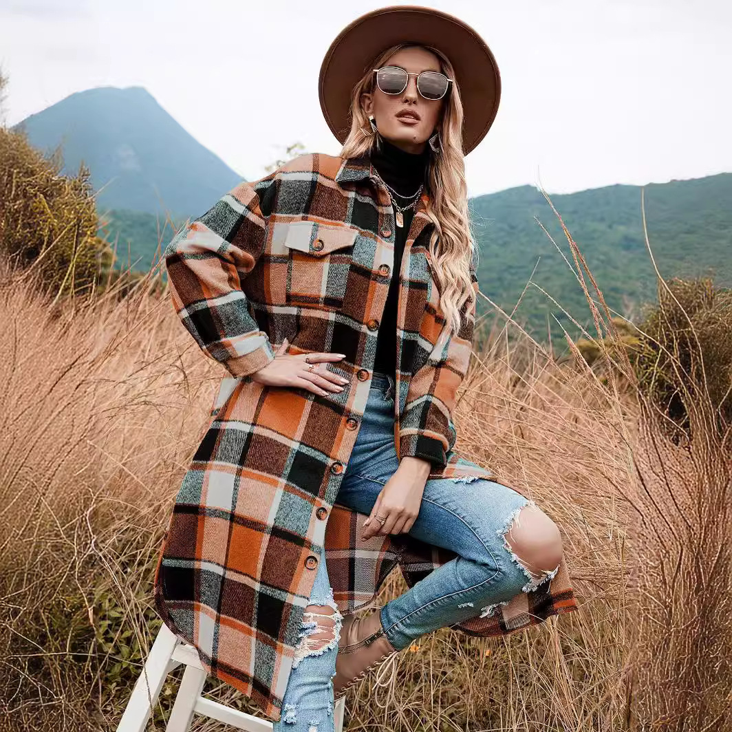 2022 Autumn and Winter European and American Style Windbreaker Jacket Side Slit Lapel Loose Woolen Plaid Jacket Real Shot Ready Stock