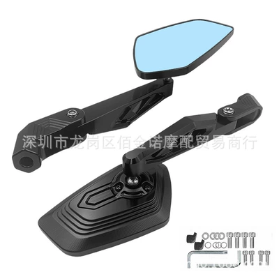 Motorcycle and electric vehicle modified rearview mirror, fully CNC aluminum alloy, foldable, anti-glare, universal rearview mirror (Motorcycle rearview mirror) - black-blue-glass-mirror