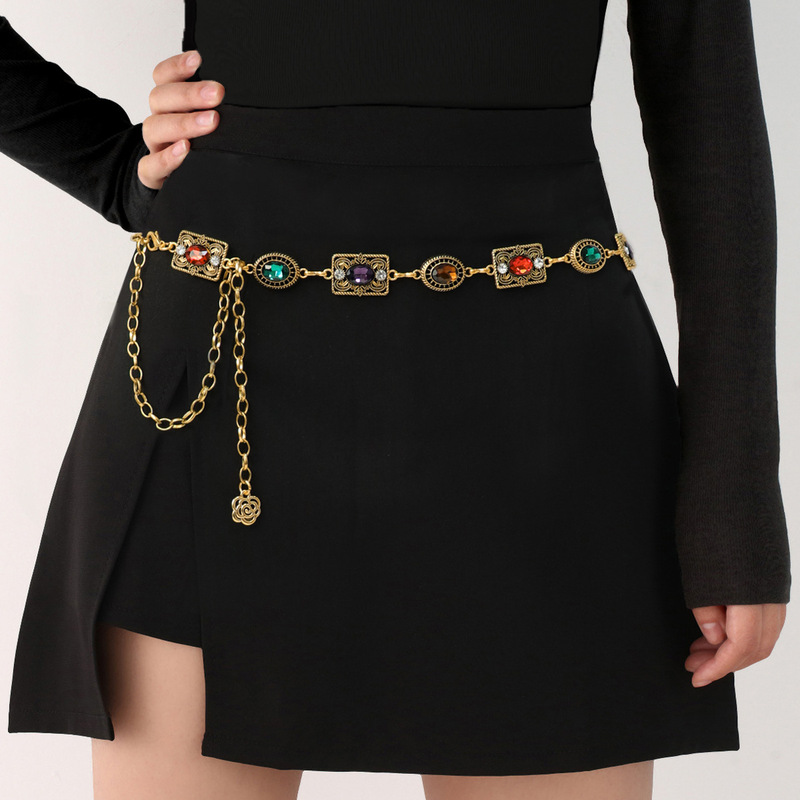 Waist Chain Accessory Dress Gold Silver Metal Oval Carved Chain Rhinestone Belt Women's Multi-Circle Design