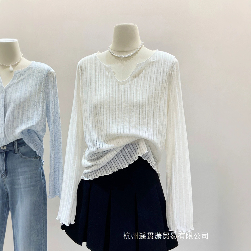 Ruffle-trimmed sun protection blouse for women, 2026 spring new style, long-sleeved, loose-fitting, sea salt style, slimming and unique top Ruffle-trimmed sun protection blouse for women, 2026 spring new style, long-sleeved, loose-fitting, sea salt style, slimming and unique top