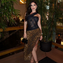 欧美新款跨境2025性感辣妹修身露背蕾丝透视收腰豹纹包臀连衣裙