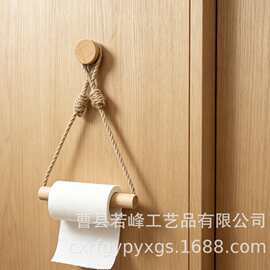 跨境木质纸巾架壁挂免打孔卷纸收纳架带麻绳厨房抹布毛巾架卷纸架