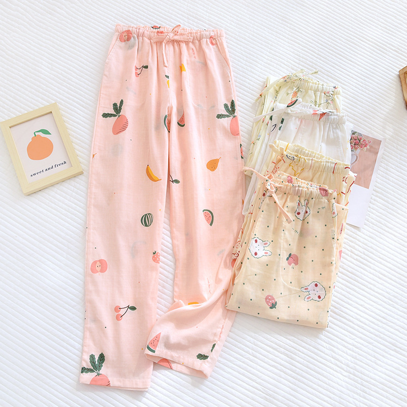 Radish Gauze Pajama Pants Women's Cotton Breathable Thin Pajama Pants for Spring and Summer Loose Casual Double Gauze Home Pants