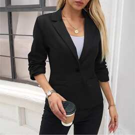 2026亚马逊热销ins优雅纽扣前西装领束腰七分袖外衣休闲商务女装