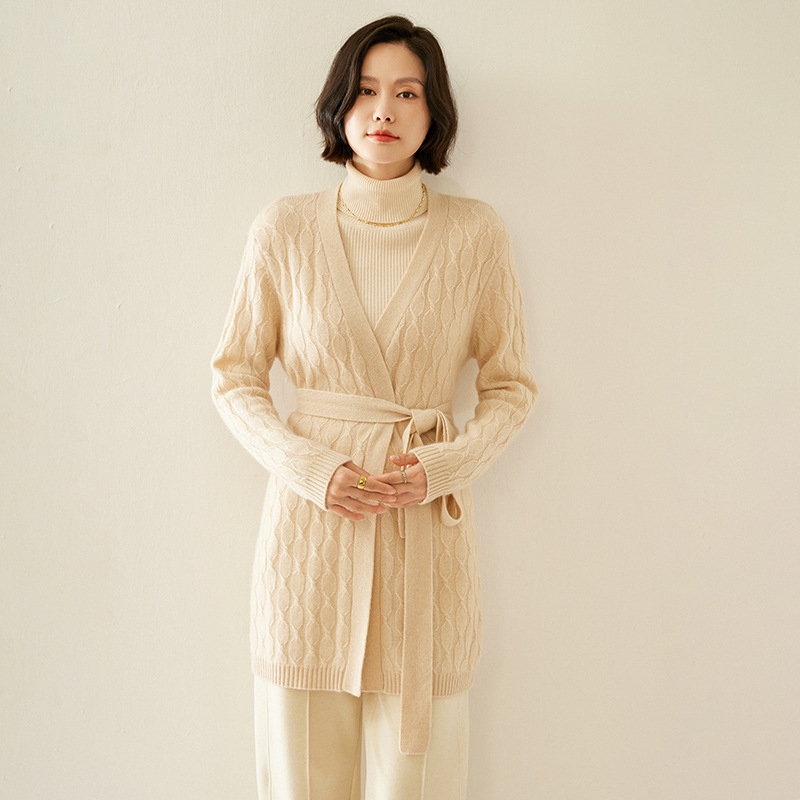 2024 새로운 가을 및 겨울 버클 프리 롱 카디건 V 넥 여성 레이스 업 캐시미어 스웨터 더블 좌초 두꺼운 트위스트 캐시미어 스웨터