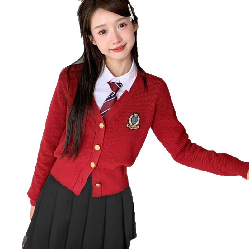学院风短款红色针织开衫毛衣外套女秋冬季甜美高级复古感慵懒上衣|undefined